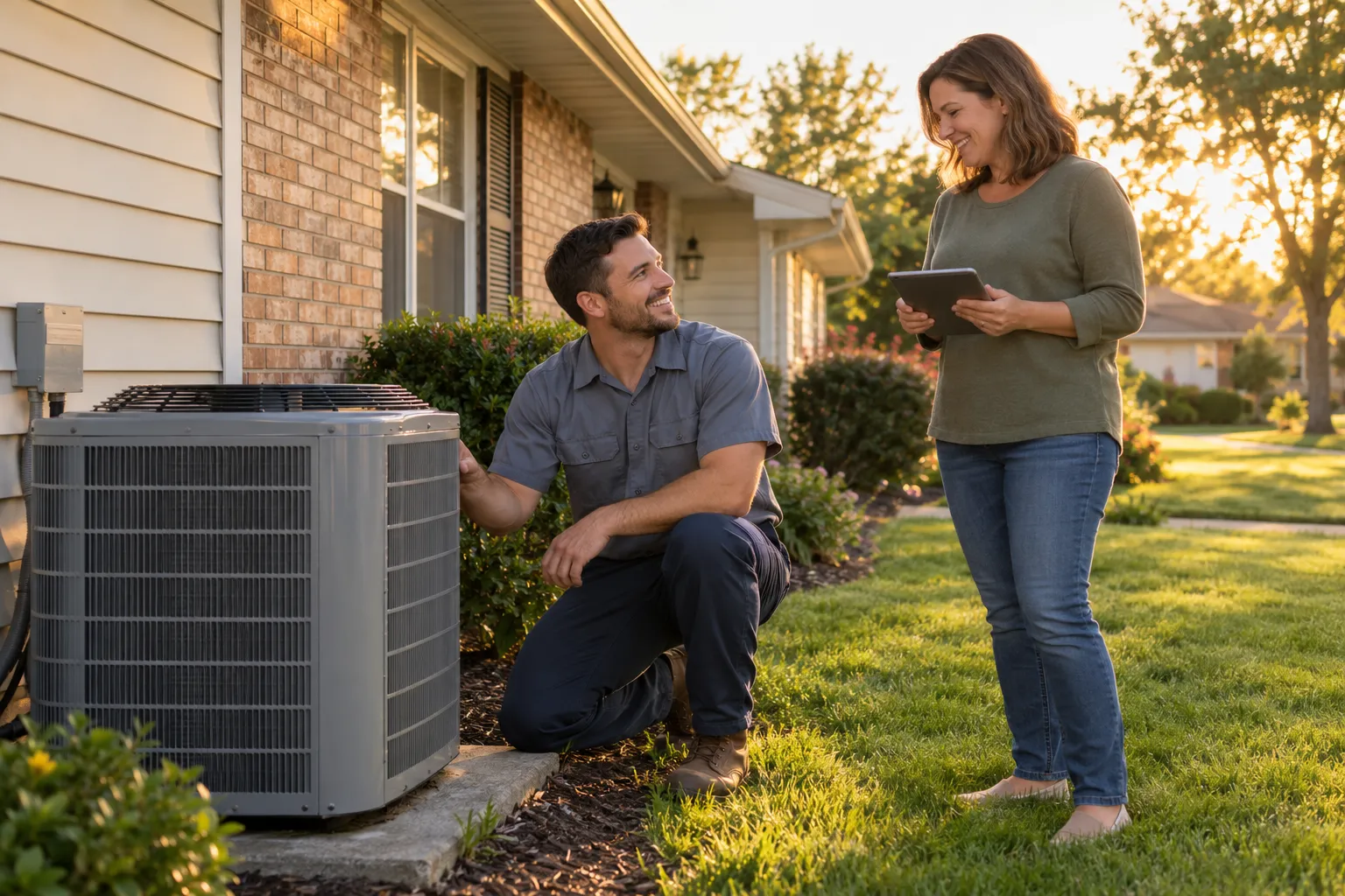 Friendly provider checking an outdoor AC unit beside a brick ranch home in the Birmingham area