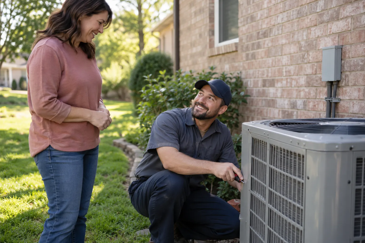 Local HVAC provider inspecting an outdoor AC unit near a brick home in the Birmingham area